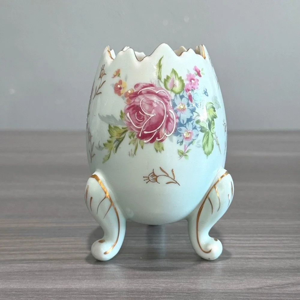 Vtg NAPCO National Potteries Footed Egg Planter Rose Floral Porcelain Vase Japan